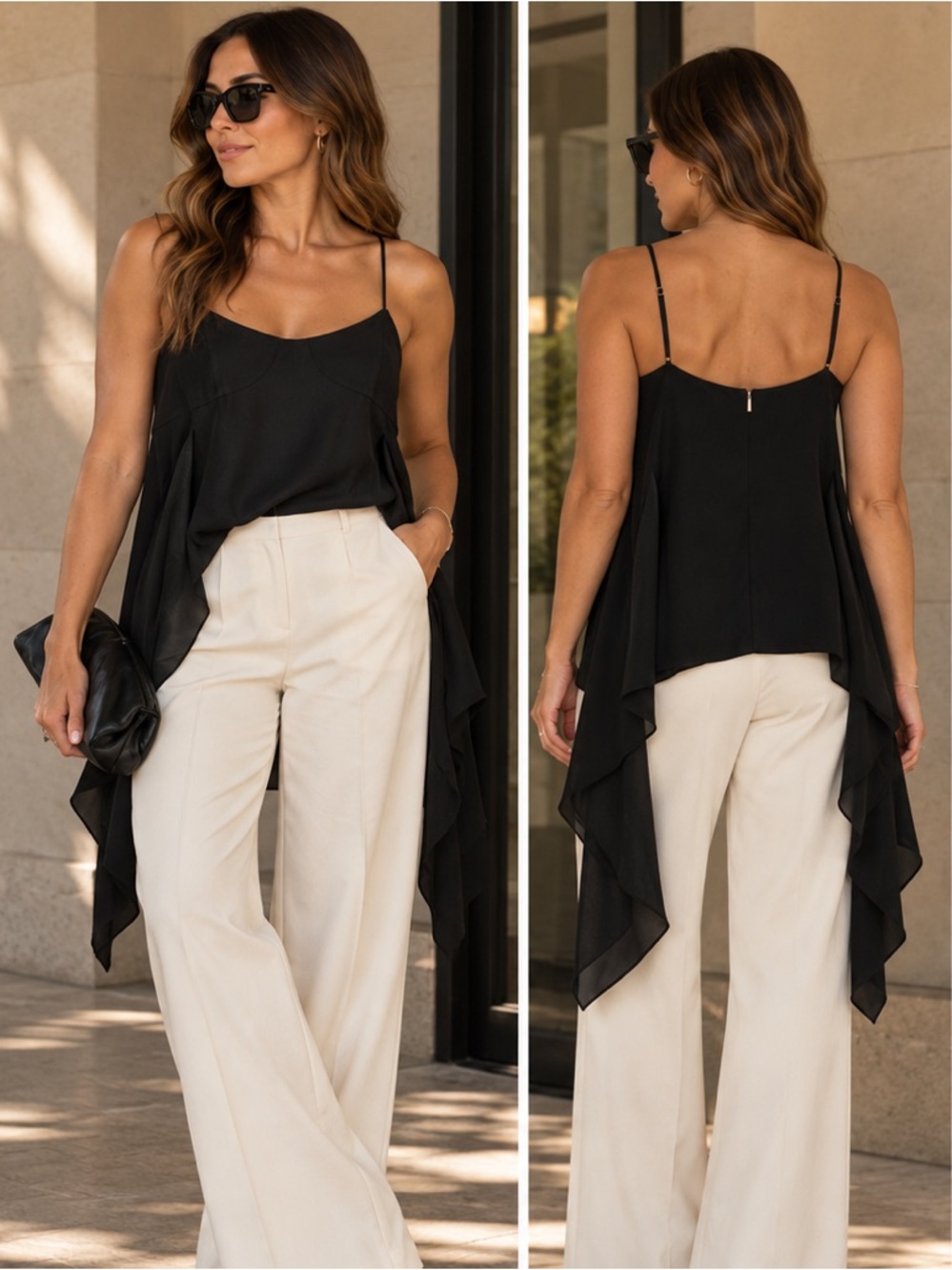 Tibi Black Silk Draped Sleeve Cami Top | Size 12